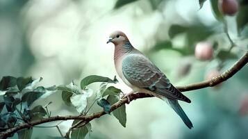 A calm and serene image of a pigeon resting on a branch in a lush garden, surrounded by greenery and nature, creating a peaceful outdoor atmosphere photo