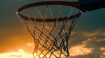 A stunning scene of a basketball hoop and net set against the warm hues of a sunset, with the peaceful atmosphere of a park, perfect for a sports-themed backdrop photo