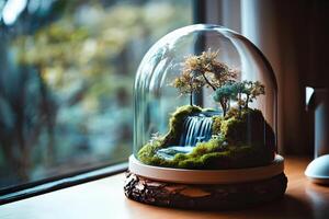 A miniature landscape inside a glass dome, featuring a cascading waterfall and a lush tree, placed on a windowsill with natural light enhancing its beauty and tranquility photo