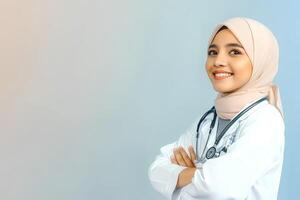 Portrait of a professional hijab-wearing medical doctor wearing a stethoscope, set against a clean blue background photo