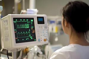 Close-up view of a female patient connected to an ECG monitor in a hospital, showing real-time heart activity in a medical setting photo
