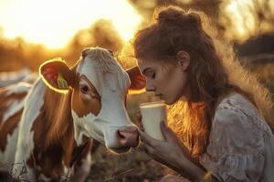A serene portrait of a beautiful young woman holding milk in the field at sunset, standing beside a cow, capturing the peaceful connection between nature and farming photo