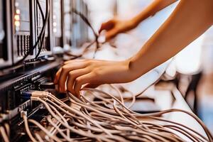 Close-up shot of a female technicians hands carefully organizing and connecting network cables in a server room, highlighting precision and technical skills photo