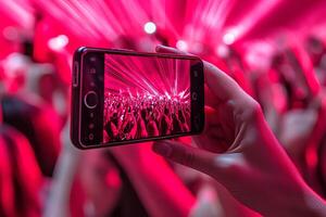 Hand with smart phone taking a photo of a concert with a crowd