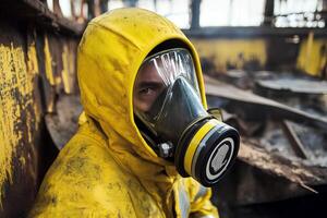 Mysterious portrait of a man wearing a gas mask, standing in front of the decaying walls of an abandoned building, evoking a post-apocalyptic atmosphere photo