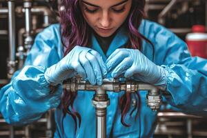 A focused close-up of a female biochemist working with a scientific pipeline. The image captures her attention to detail and professionalism as she conducts research, showcasing the precision photo