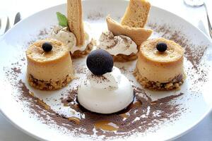 A mouthwatering tiramisu dessert served on a white plate, with a selective focus on the layers of this classic Italian treat, showcasing its creamy texture and rich flavor photo