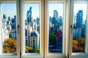 A stunning view from a window overlooking the towering skyscrapers of a bustling city. The modern architecture and urban landscape create a dynamic, energetic atmosphere of city life photo