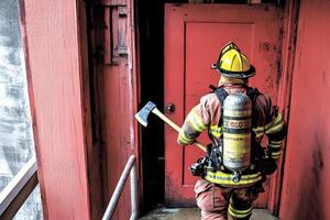 A firefighter holding an axe, standing in front of a red door during an emergency situation, ready to respond quickly to a crisis photo