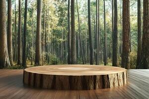 A rustic wooden pedestal standing in the heart of the forest, surrounded by trees and natural greenery, perfect for showcasing products or artwork photo