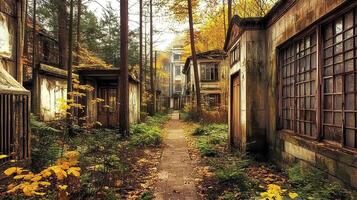 Mysterious abandoned industrial building surrounded by an autumn forest with golden leaves, captured in a vintage color tone for an atmospheric look photo