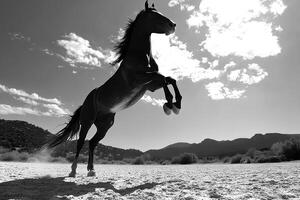 Powerful black and white image of a horse running across the desert with dust rising and dramatic motion captured photo