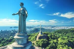 A stunning view of the Statue of Liberty standing at the top of a hill in Seoul, South Korea. The iconic statue overlooks the city, blending cultural significance with panoramic views photo