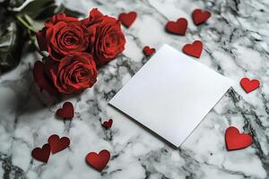 A romantic scene with fresh red roses and a blank card, perfect for conveying love and affection on Valentine's Day photo