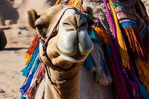 Detailed close-up of a camel in the vast Sahara desert of Morocco, showcasing the desert's golden sands and the camel's features photo