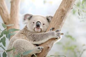 Koala hugging eucalyptus tree branch looking at viewer photo