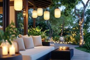 Relaxing tropical patio illuminated by hanging lanterns and string lights photo