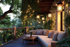 Cozy outdoor patio illuminated with string lights inviting to relax and enjoy the evening photo