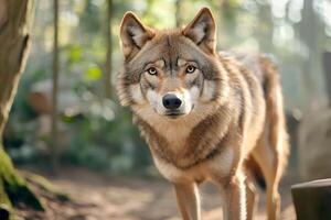 Mexican gray wolf standing in the forest and looking forward photo