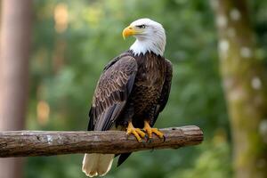Majestic bald eagle perched on a branch observing the surroundings. photo