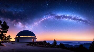 Astronomical observatory exploring milky way and starry night sky at sunset photo