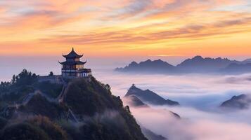 Sunrise illuminating traditional chinese temple on mountain peak above the clouds photo