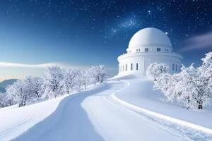 Snowy road leading to Griffith Observatory under starry night sky photo