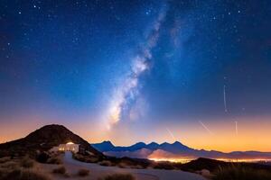 Milky way rising over desert house and mountains at sunrise photo