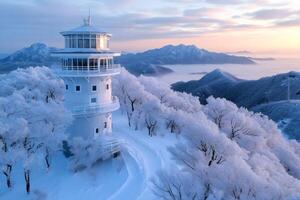 Meteorological radar station covered by snow and rime ice overlooking a mountain range during sunrise photo