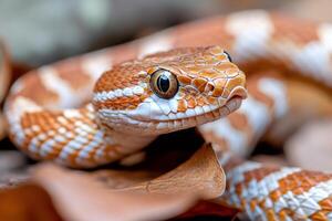 Mangshan pit viper showing its impressive fangs while resting on dry leaves photo