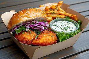 Delicious crispy chicken burger with french fries and dipping sauce served in a cardboard takeaway container photo