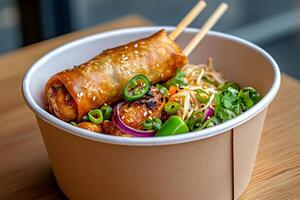 Crispy spring roll with sesame seeds topping a bowl of chicken and noodles photo