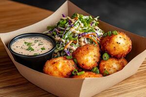 Crispy fried mac and cheese balls served with dipping sauce and coleslaw salad photo