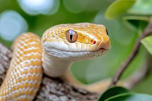 Yellow mangrove pit viper resting on a branch in its natural habitat photo