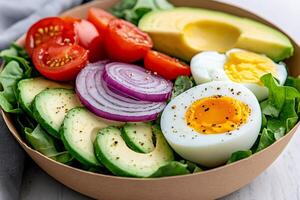 Healthy ketogenic salad with boiled eggs, avocado, tomatoes, and red onion resting in a bowl photo