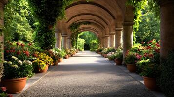 Beautiful colonnade with flowers decorating a garden path photo