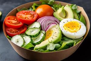 Fresh salad with avocado, tomato, cucumber, red onion and boiled egg in takeaway biodegradable bowl photo