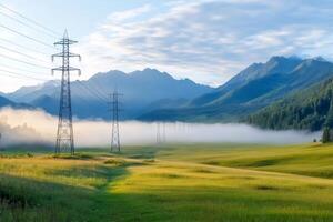 Power lines crossing a green meadow with fog in a mountain valley photo