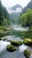 Pristine river flowing through a lush green forest in the mountains photo