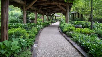 Gravel path winding through a lush garden under a wooden pergola photo