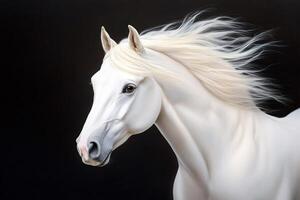 White horse running with mane in the wind on black background photo