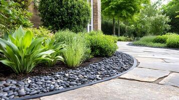 Black pebble edging separating flowerbed from stone slabs pathway in a garden photo