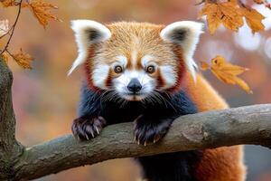 Red panda relaxing on a tree branch in autumn photo