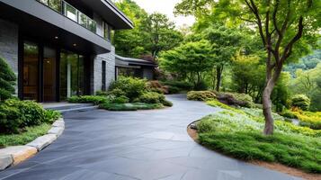 Curved paved driveway leading to modern luxury home with landscaping photo