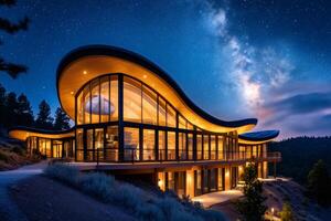 Modern luxury sustainable home glowing under the milky way at night photo