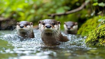 Three playful otters swimming in river photo