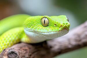 Green snake resting on a branch with intense gaze. photo