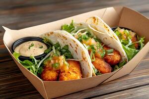 Three delicious fish tacos with sauce, lettuce, and pico de gallo filling a cardboard takeout container photo
