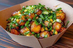 Crispy roasted potatoes with green onions and corn kernels served in a paper bowl photo