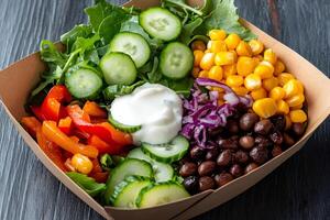 Healthy vegan salad with cucumber, corn, beans, red onion, bell peppers and yogurt dressing photo